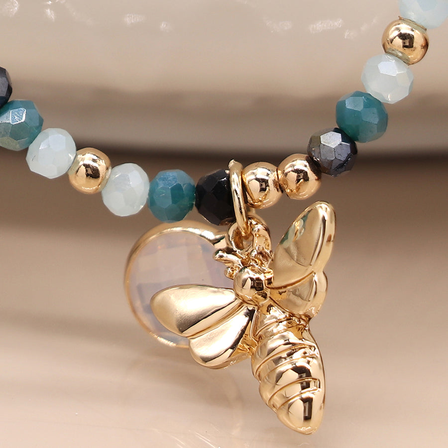 Aqua Crystal Bead Bracelet with Bee Charm