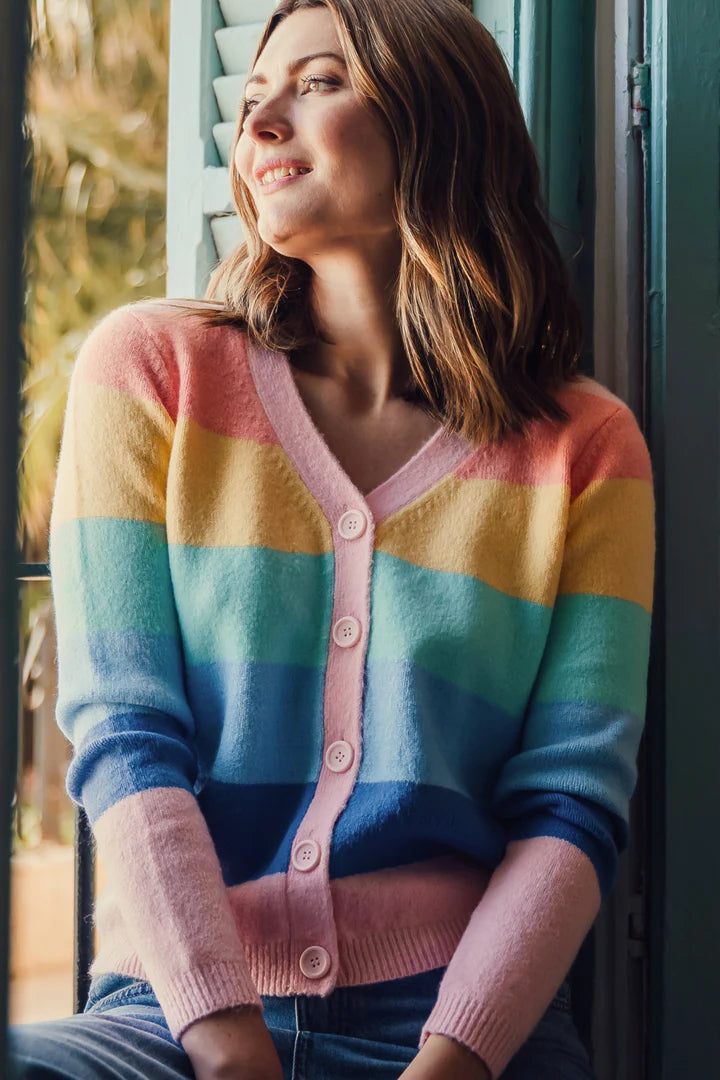 Sugarhill Izzy Cardigan - Multi, Pastel Rainbow Stripes