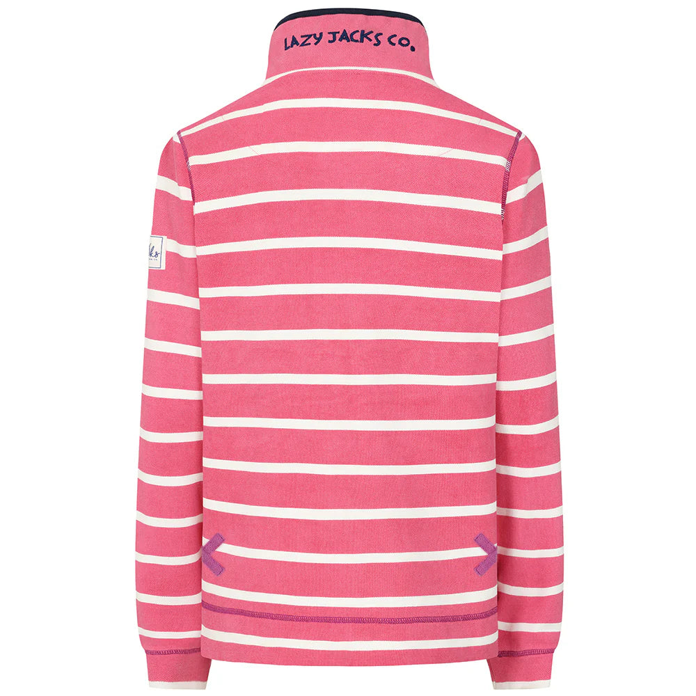 Button Neck Cherry Stripe Sweatshirt by Lazy Jacks