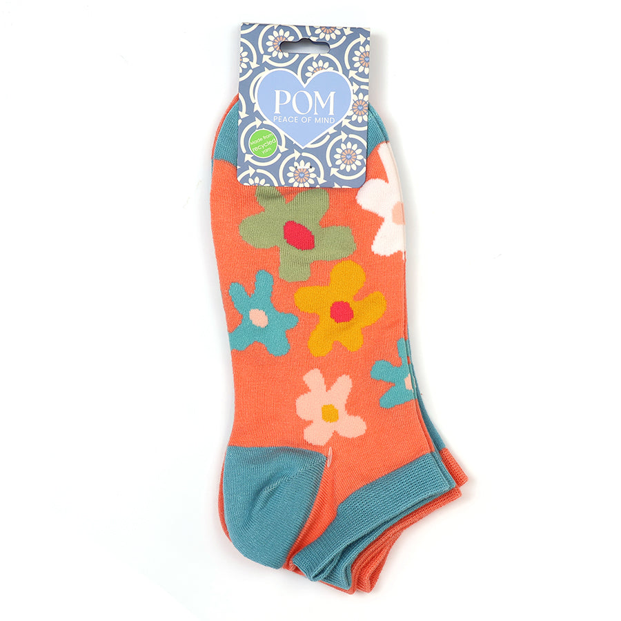 POM Turquoise/ Peach Floral Two Pair Pack Trainer Socks