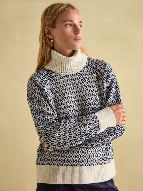 Ingrid Cream / Navy Patterned Jumper with Detachable Roll Neck Joules
