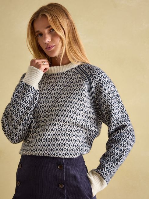 Ingrid Cream / Navy Patterned Jumper with Detachable Roll Neck Joules