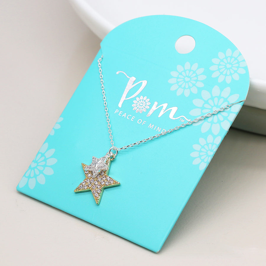 Faux Gold and Silver Plated Double Crystal Inset Star Necklace