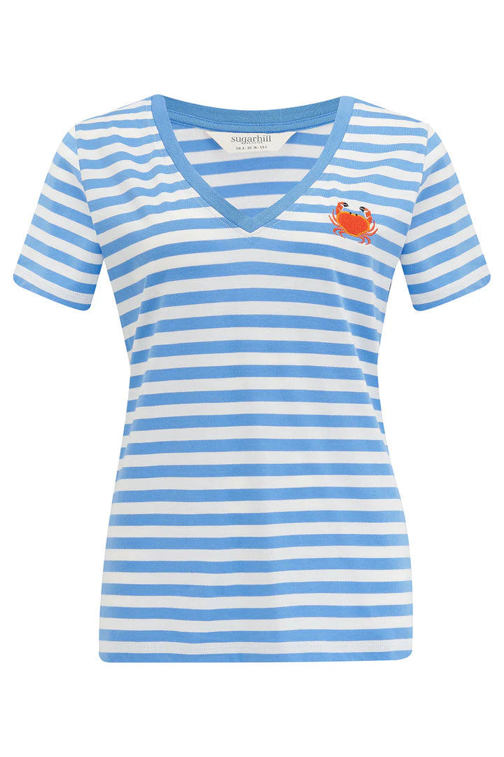 Sugarhill Khloe V-Neck T-Shirt - Off-White/Blue, Stripy Crab