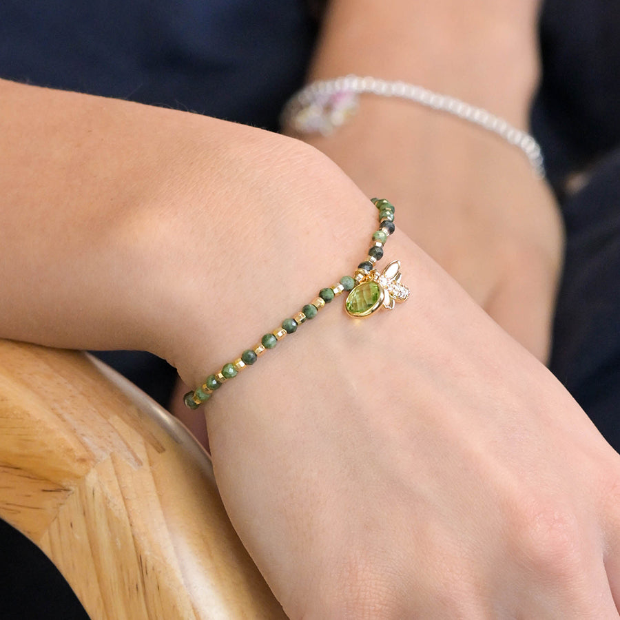 POM Green and golden bee charm bracelet