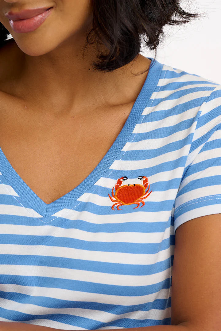 Sugarhill Khloe V-Neck T-Shirt - Off-White/Blue, Stripy Crab