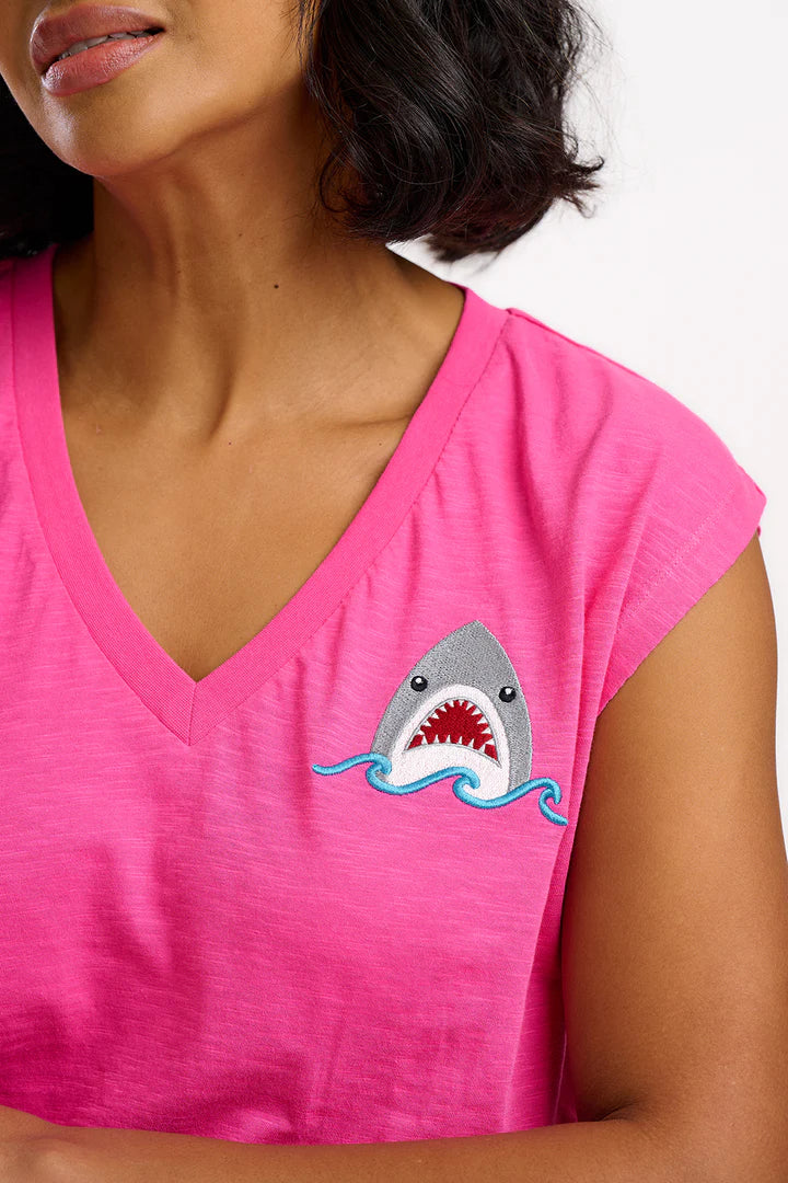 Sugarhill Ariana V-Neck Tank T-shirt - Pink, Fin-tastic Shark