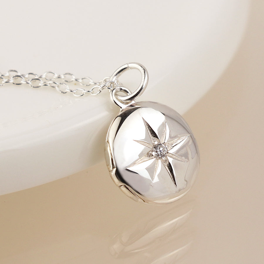 POM Sterling Silver Locket Pendant Necklace with Crystal Studded Star