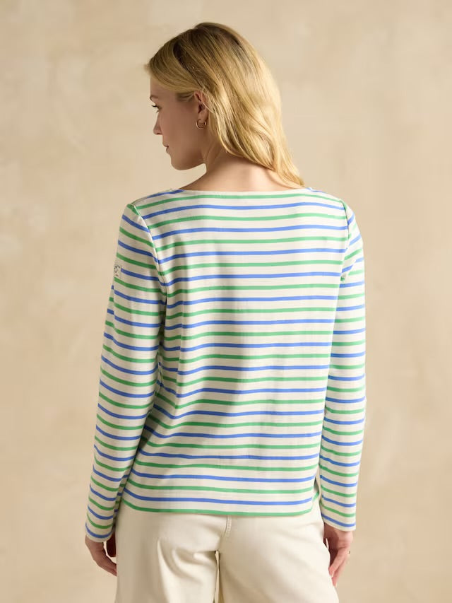 Joules Harbour Green Blue Striped Boat Neck Breton Top