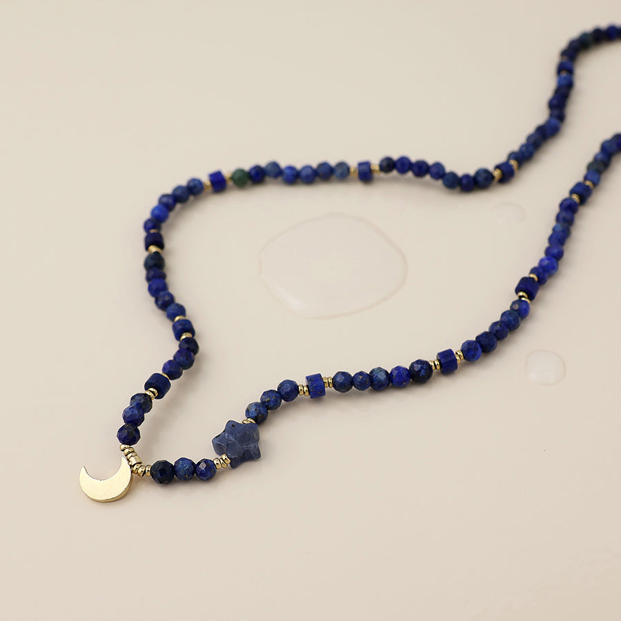 POM Waterproof gold plated lapis and crescent moon necklace