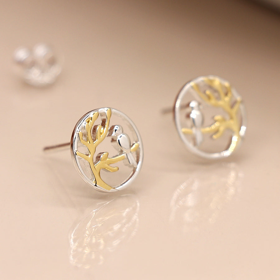 POM Sterling Silver Bird & Tree Stud Earrings with Rose Gold Plating