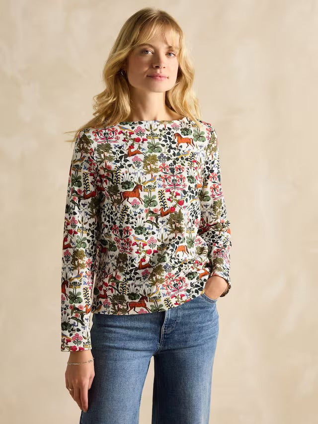 Joules Harbour Green Forest Print Boat Neck Printed Top