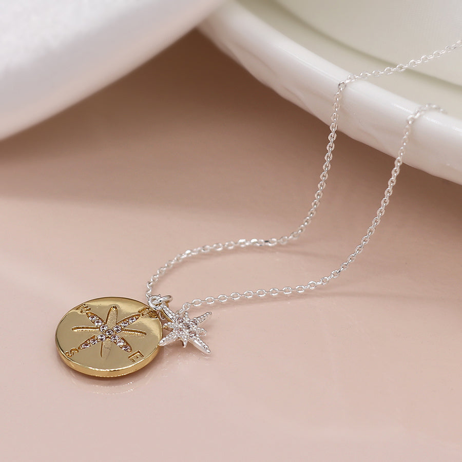 Faux Gold and Silver Plated Double Charm Nautical Compass Necklace