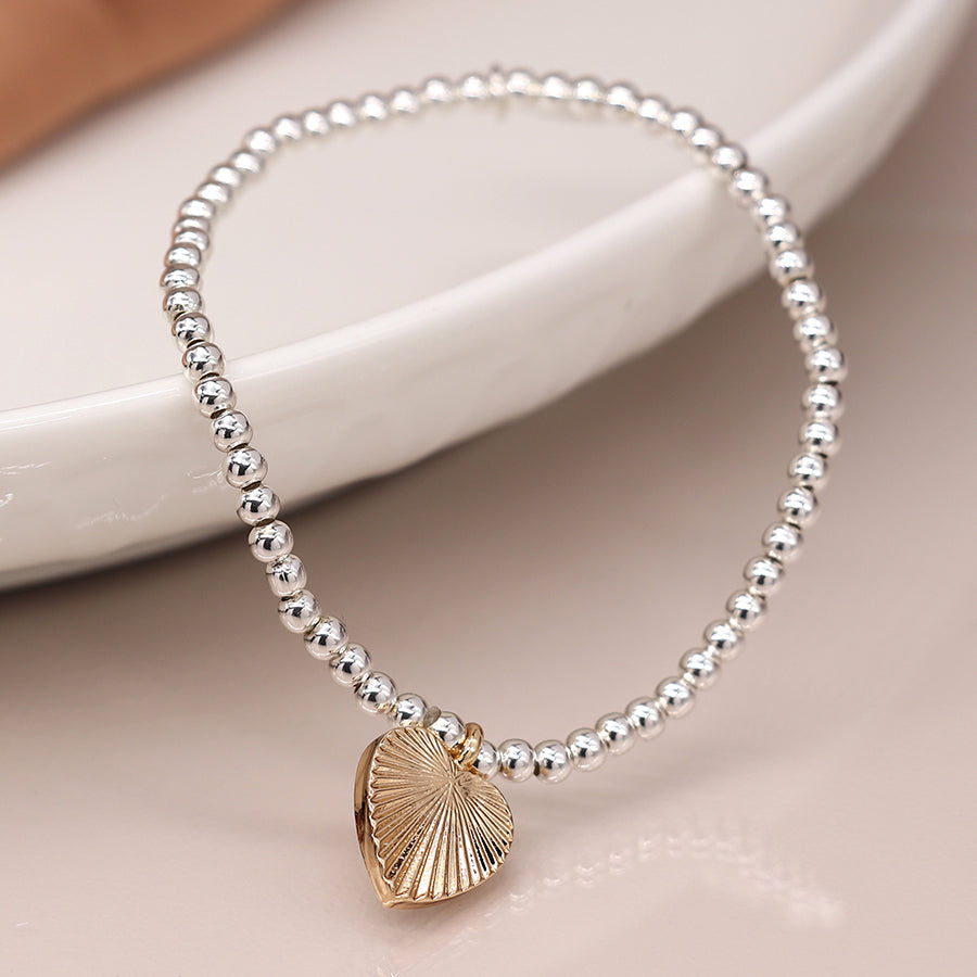 Beaded Bracelet with Faux Gold Textured Heart Charm