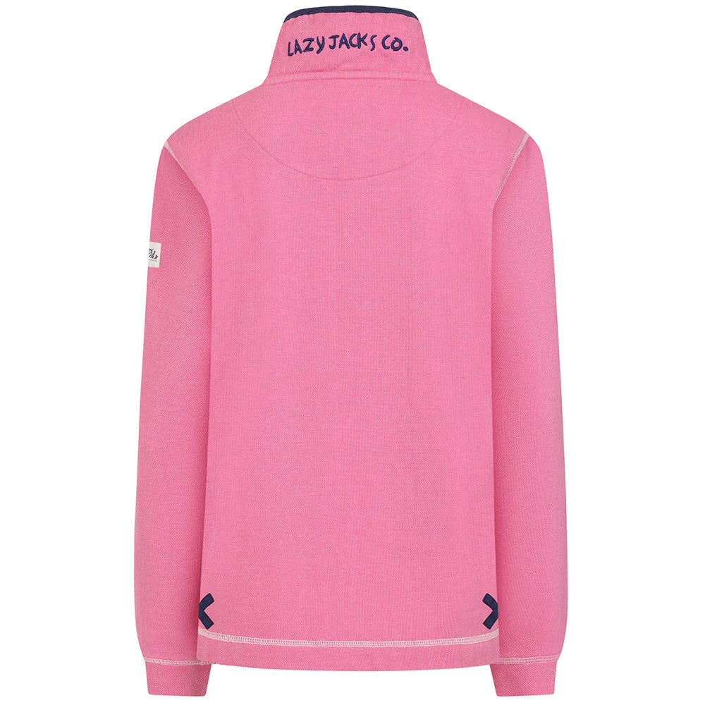 Button Neck Salmon Pink Pique Sweatshirt by Lazy Jacks
