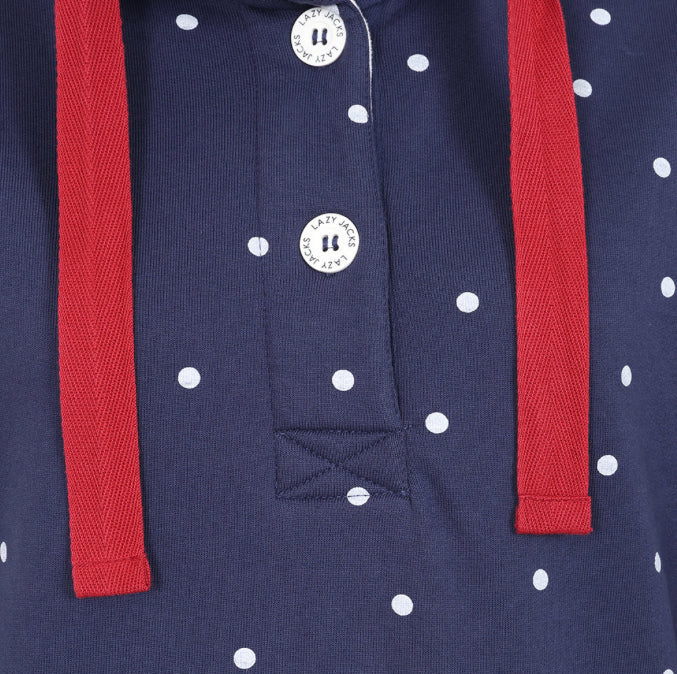 Lazy Jacks Ladies Polka Dot Button Neck Sweatshirt - Twilight