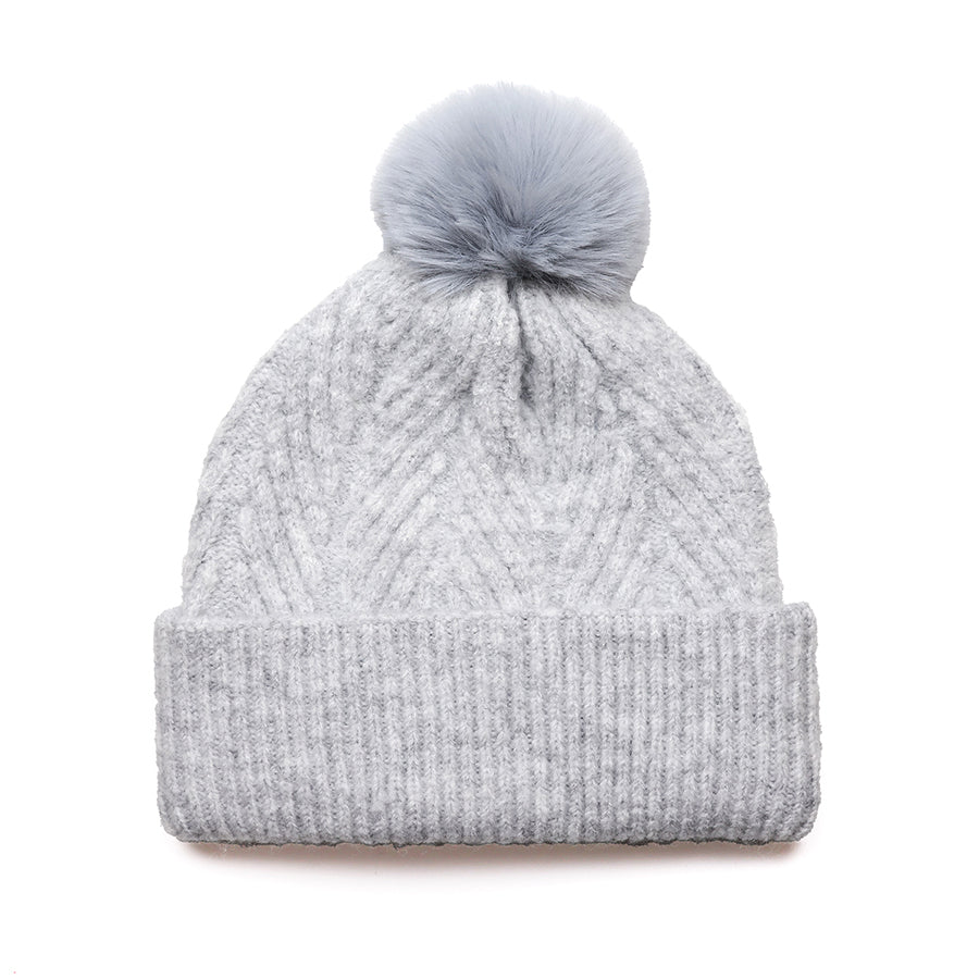 POM Charlotte Herringbone Knit Recycled Blend Bobble Hat in Soft Grey