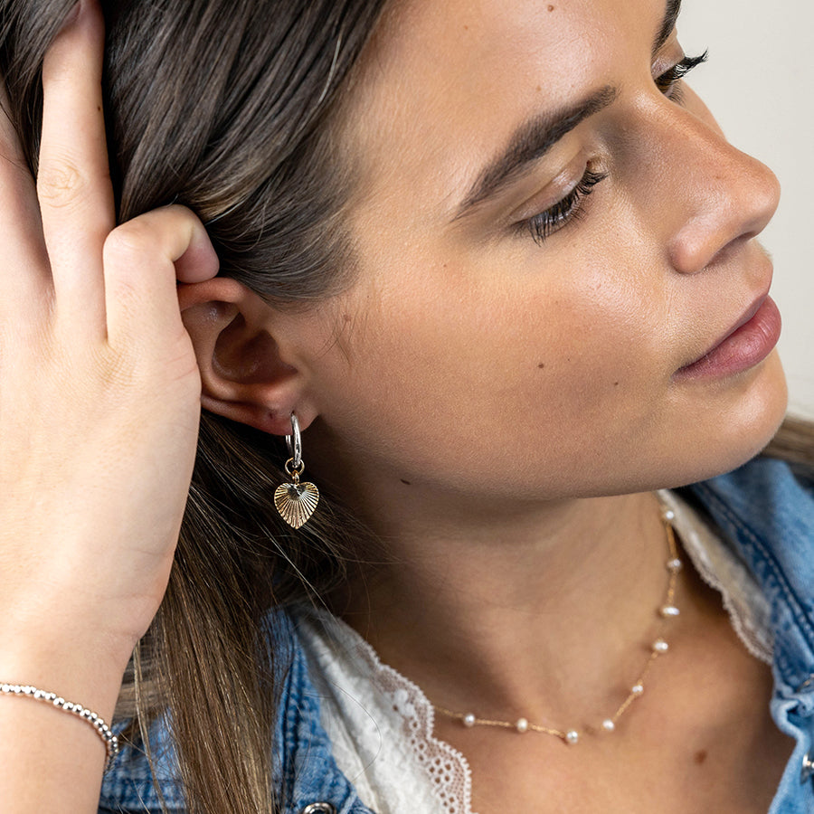Sleeper Hoop Earrings with Faux Gold Textured Heart Drops