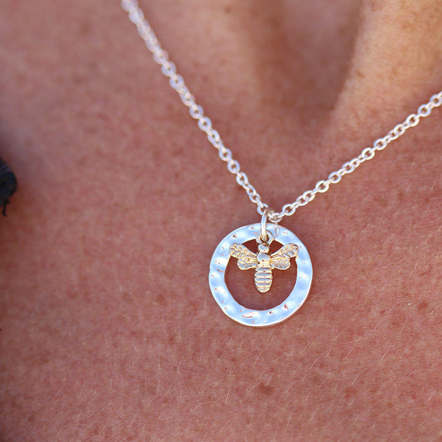 Hammered Disc with Gold Bumblebee Necklace
