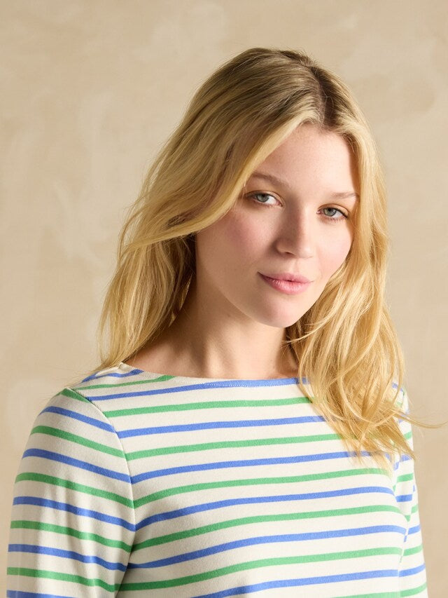 Joules Harbour Green Blue Striped Boat Neck Breton Top