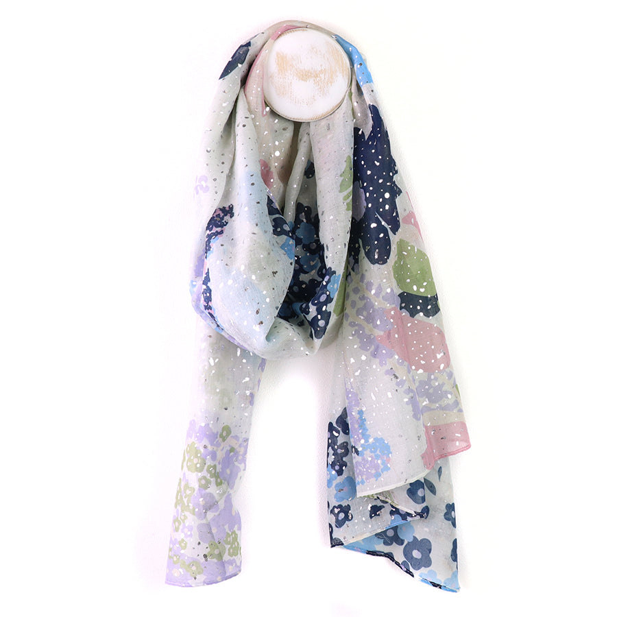 POM Recycled White and Pastel Floral Scarf with Foil