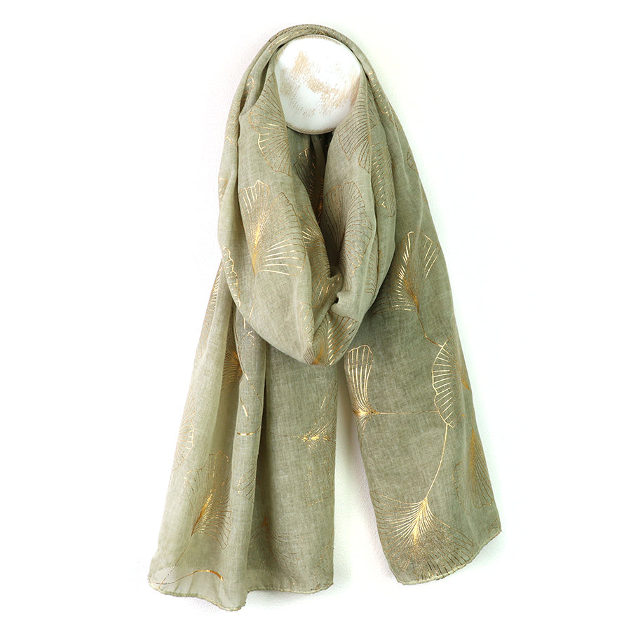 POM Recycled Olive Green and Metallic Gingko Print Scarf with Foil