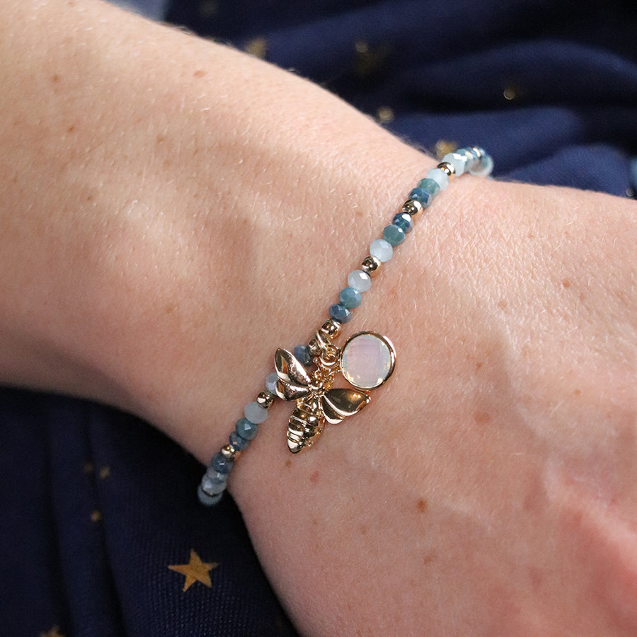 Aqua Crystal Bead Bracelet with Bee Charm