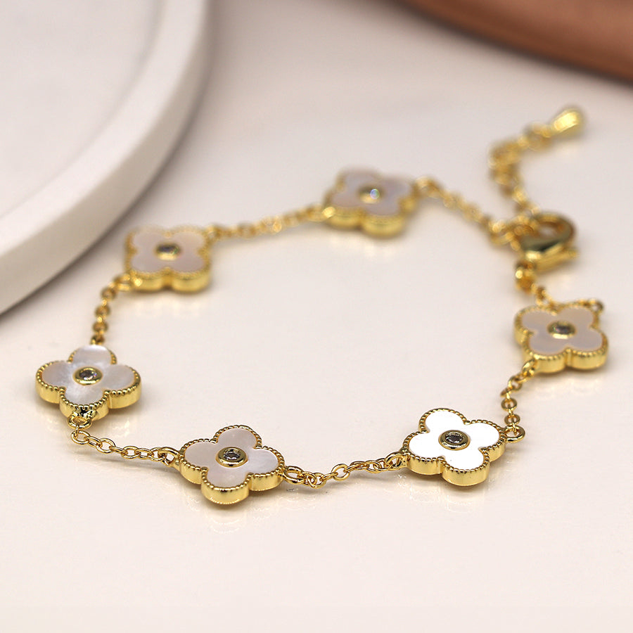 Faux Gold Plated Quarter-foil With Crystal Centre Link Bracelet