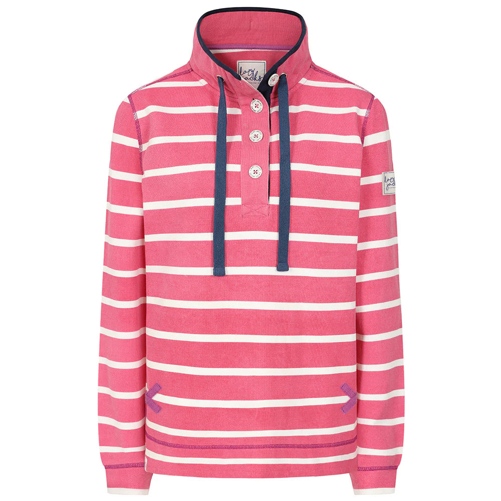 Button Neck Cherry Stripe Sweatshirt by Lazy Jacks