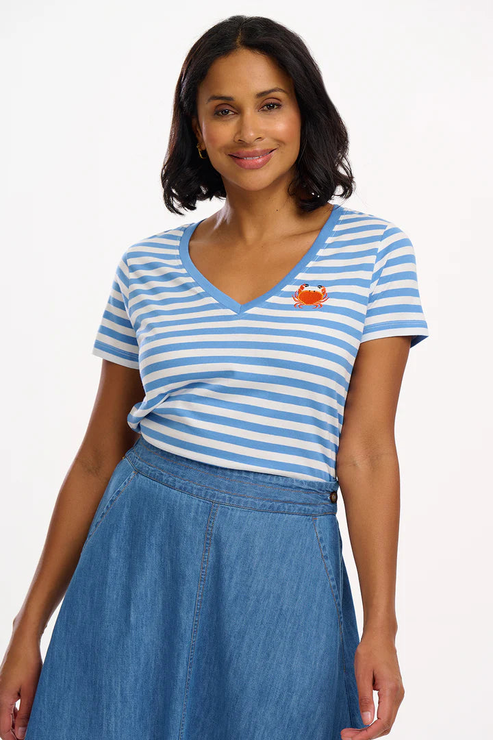 Sugarhill Khloe V-Neck T-Shirt - Off-White/Blue, Stripy Crab