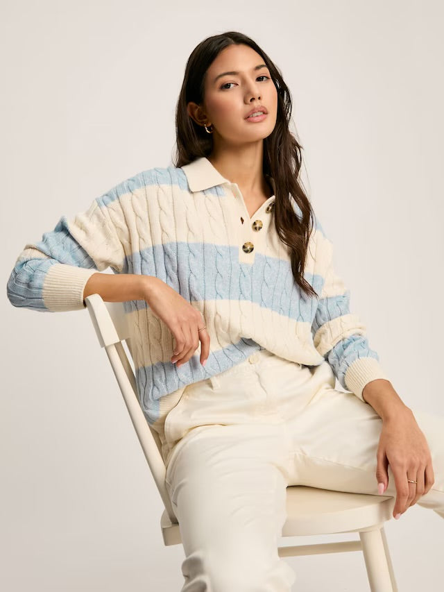 Joules Love All Blue Cable Knit Jumper with Button Collar