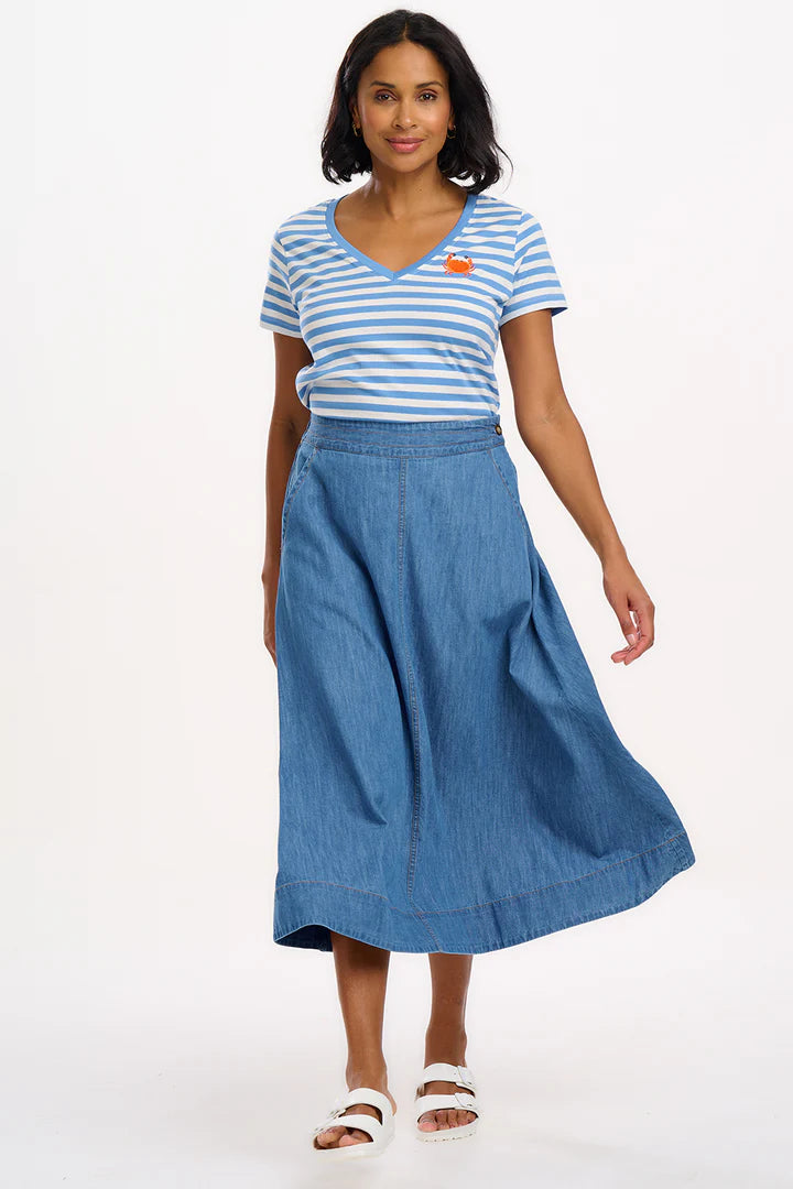Sugarhill Khloe V-Neck T-Shirt - Off-White/Blue, Stripy Crab