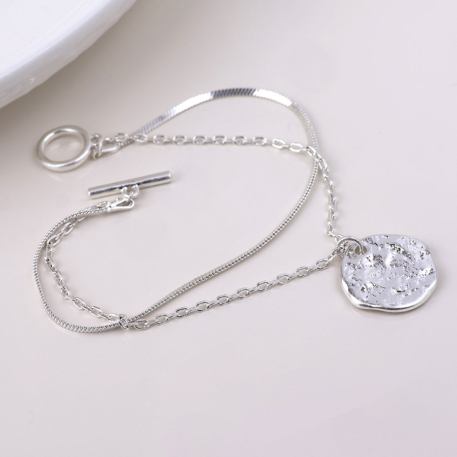 POM Solstice worn silver plated textured disc layered chain bracelet