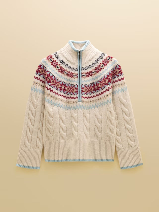 Joules Cream Cable Allaway Knit Fair Isle Half Zip Jumper
