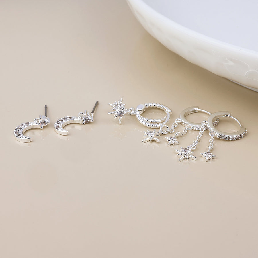 POM Doris silver plated crystal celestial charm earring set