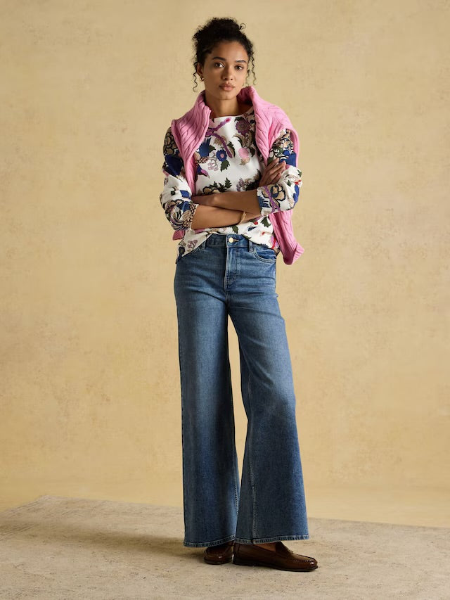 Joules Harbour Cream Bird Floral Boat Neck Printed Top