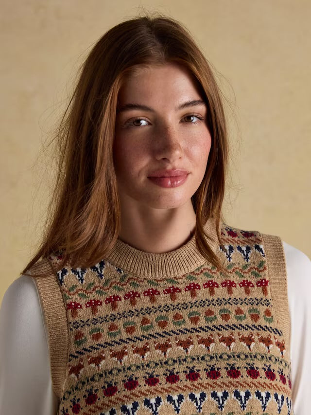 Joules Woodland Oatmeal Cotton-Rich Intarsia Crew Neck Knitted Vest