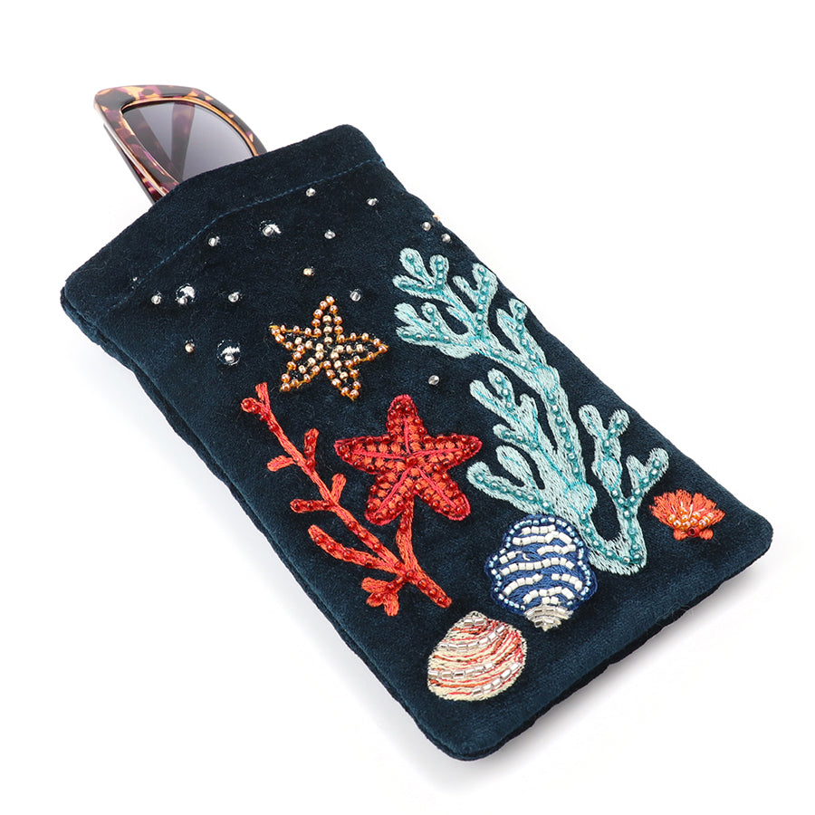 POM Navy Velvet Sealife Embroidered Glasses Case