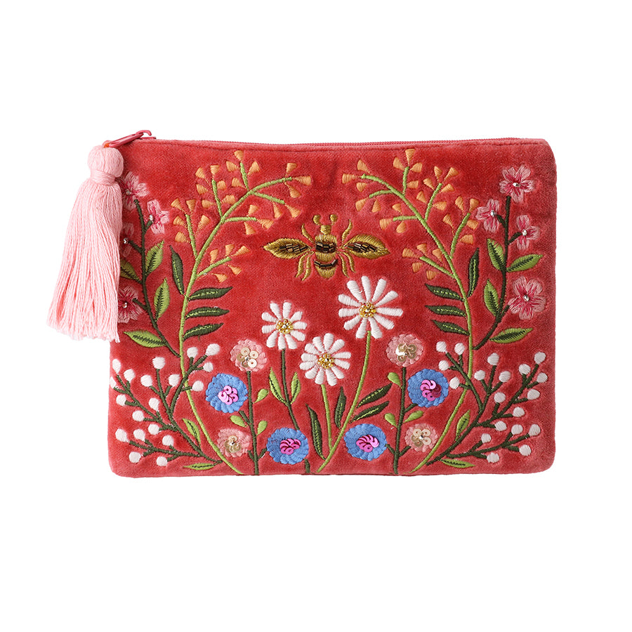 POM Salmon Pink Velvet Meadow Embroidered Zip Purse