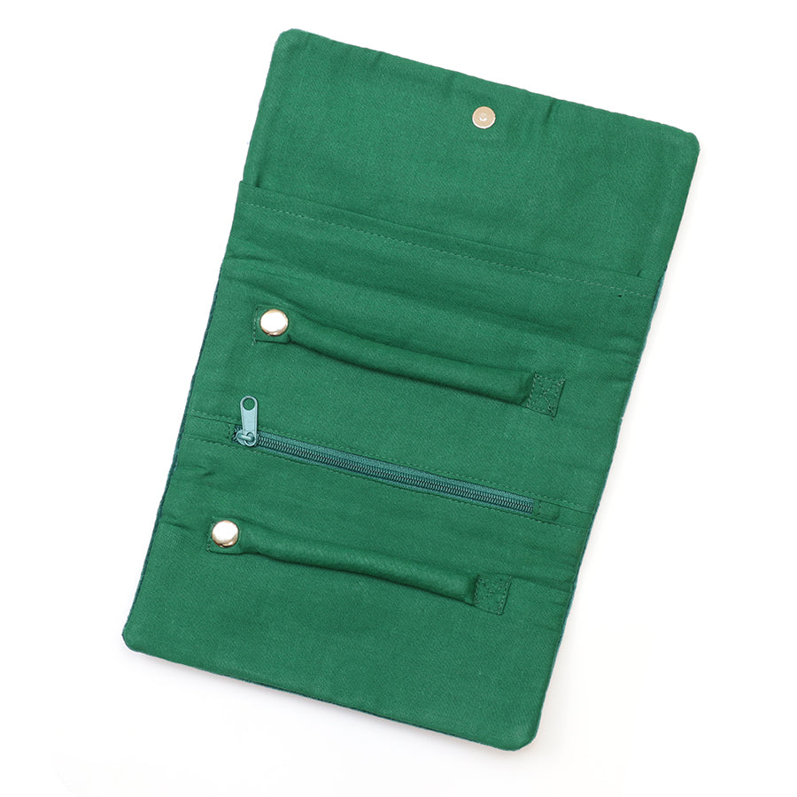 POM Green Velvet Embroidered Festive Fox Jewellery Roll