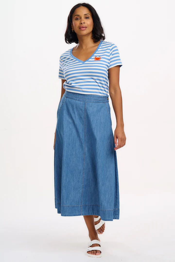 Sugarhill Khloe V-Neck T-Shirt - Off-White/Blue, Stripy Crab