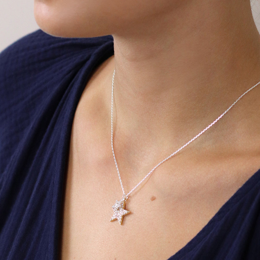 Faux Gold and Silver Plated Double Crystal Inset Star Necklace