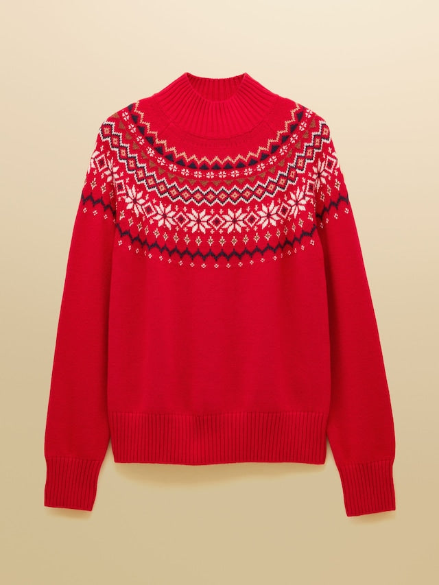 Joules Alba Red Fairisle High Neck Cotton Blend Jumper