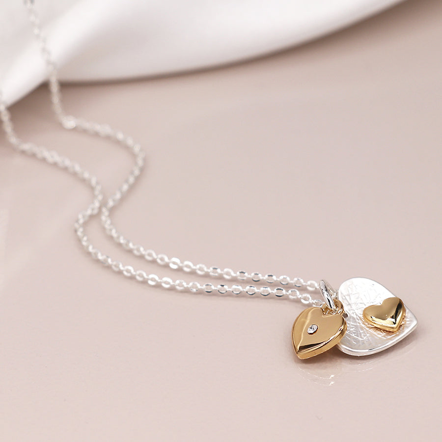 Double Heart Necklace in Silver/Gold Plate