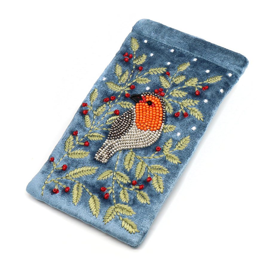 POM Blue velvet robin and embroidered holly glasses case