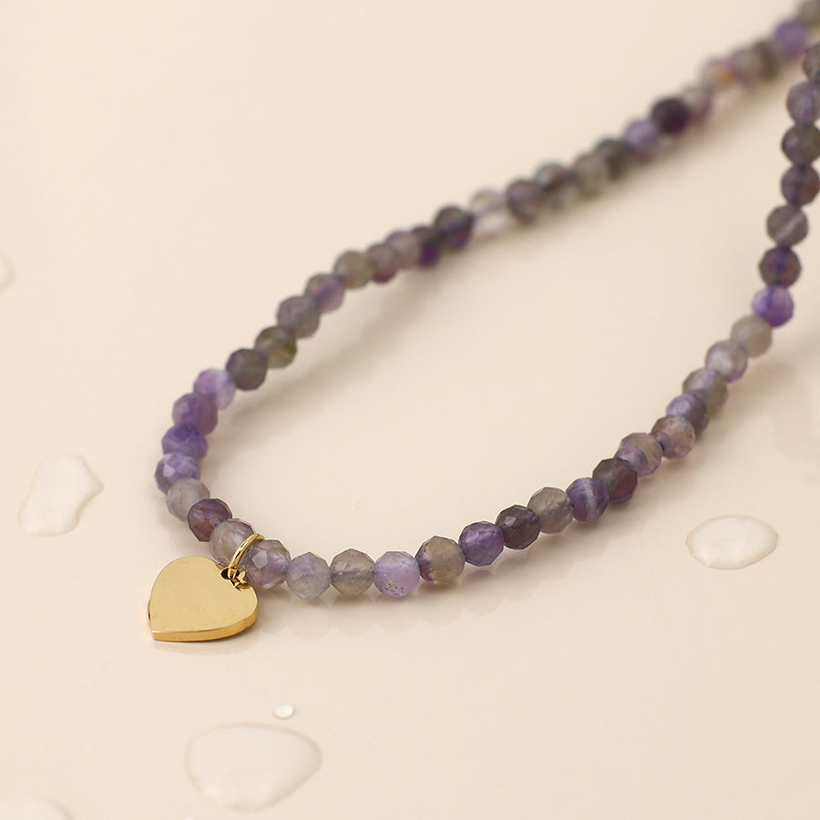POM Waterproof gold plated heart and indigo bead necklace