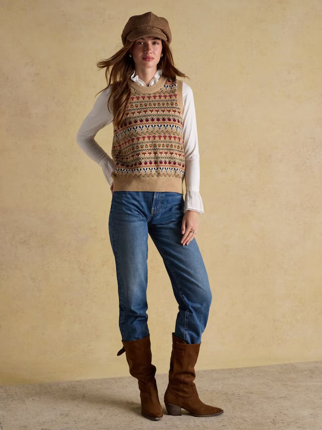 Joules Woodland Oatmeal Cotton-Rich Intarsia Crew Neck Knitted Vest