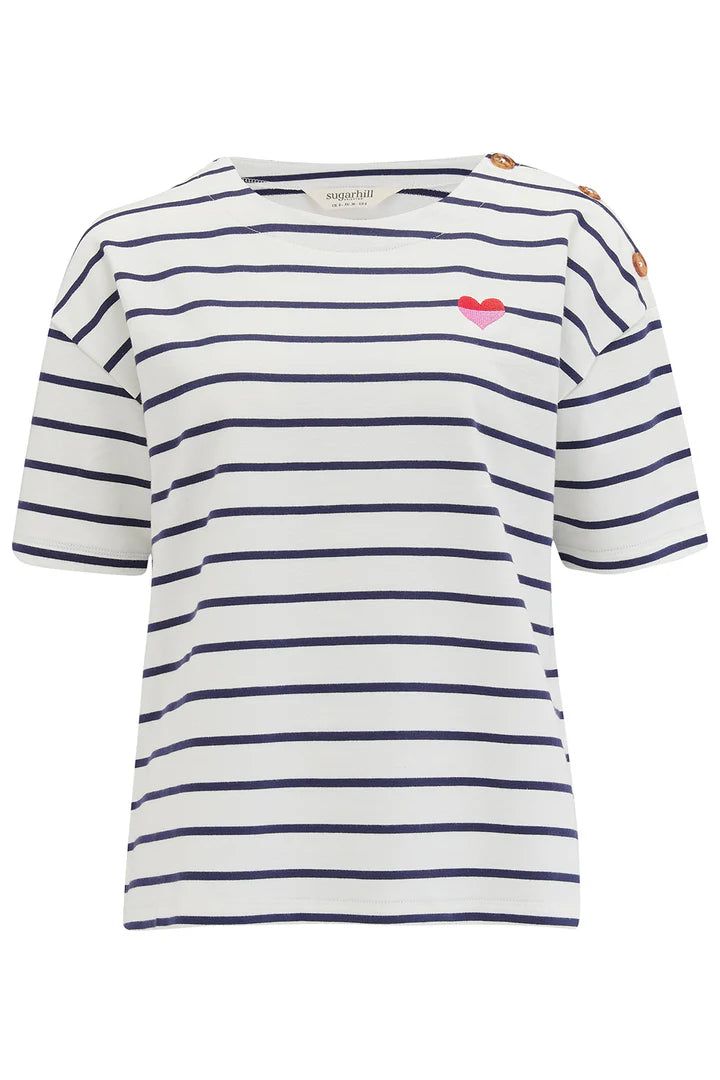 Sugarhill Kirby Breton Tee Top - Off-White/Navy, Split Heart