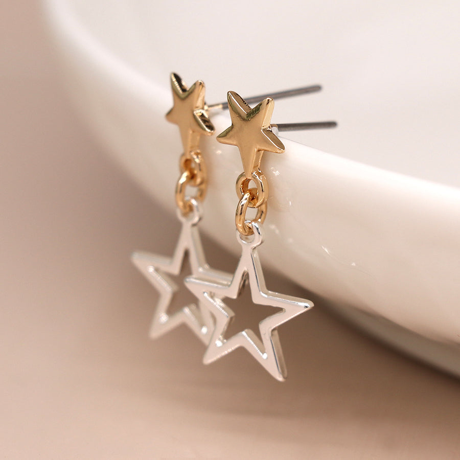 Silver Plated/Faux Gold Star Double Drop Earrings