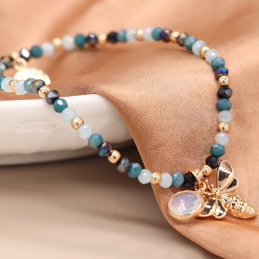 Aqua Crystal Bead Bracelet with Bee Charm